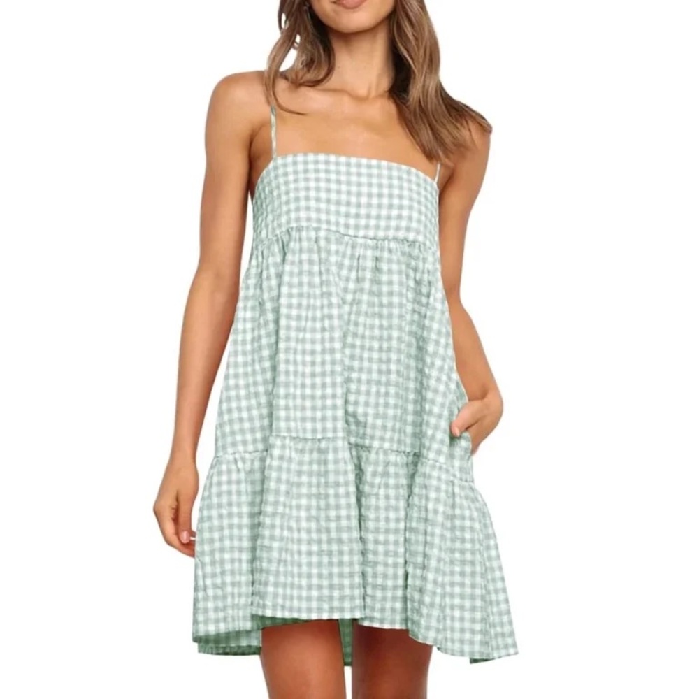 Light Green Gingham Tiered Sundress